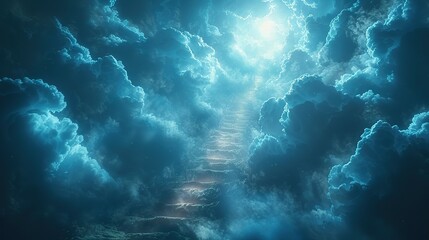 Obraz na płótnie Canvas Stairway to heaven in heavenly concept. Religion background. Stairway to paradise in a spiritual concept. Stairway to light in spiritual fantasy. Path to the sky and clouds. God light