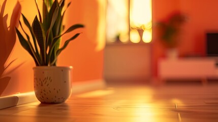 Blur background interior design minimalist living room parquet floor tv cabinet potted plant Tiles and decors Blurred background with bokeh orange red light : Generative AI - obrazy, fototapety, plakaty