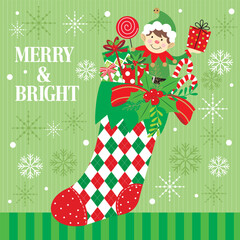 Christmas card design with elf and gifts on the stocking