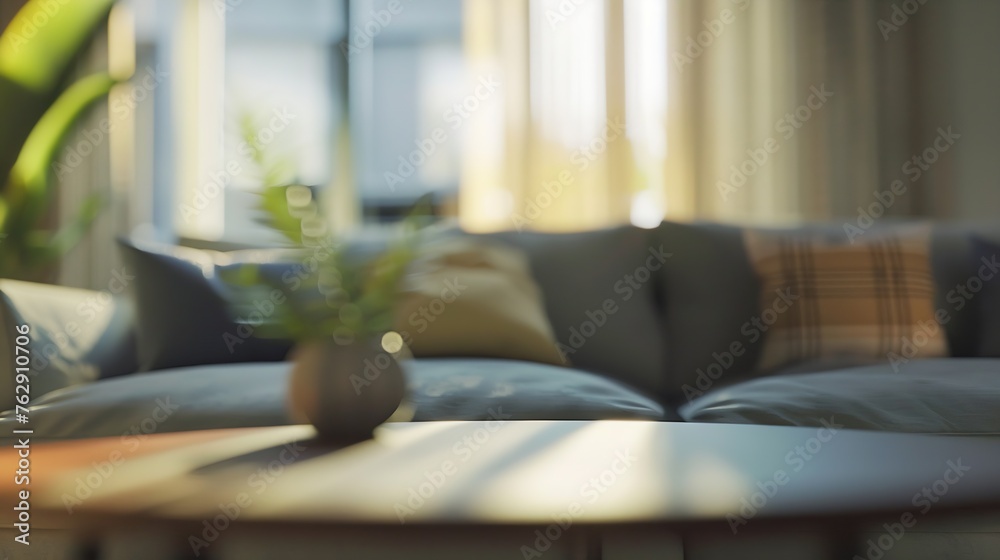 Poster blur image of living room with table and sofa for background usage : Generative AI