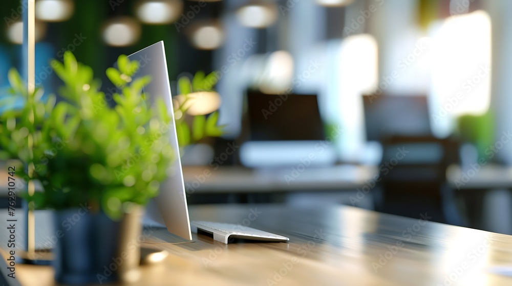 Fototapete modern business office without people with blurred bokeh background tables chairs computers plan cop