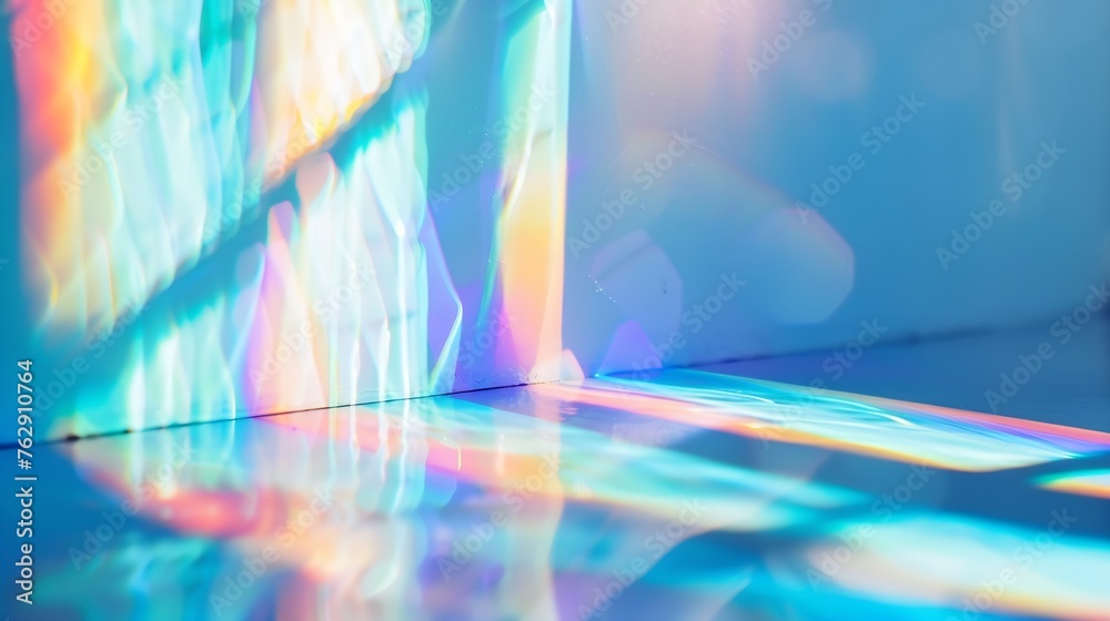 Poster Blurred rainbow light refraction texture overlay effect for photo and mockups Organic drop diagonal holographic flare on a white wall Shadows for natural light effects : Generative AI