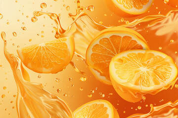 Orange halves floating on a background of splashing orange juice