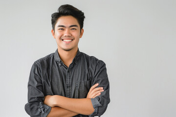 Portrait of handsome smiling young Aisan man with folded arms isolated white background. - obrazy, fototapety, plakaty