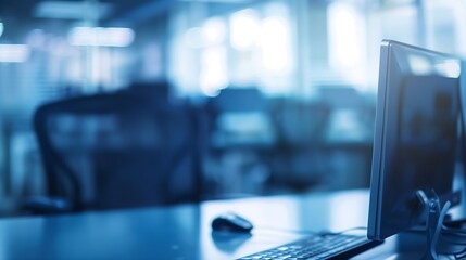 Abstract business blurred in the workplace or work space of table work in office with computer or shallow depth of focus as corporate interior background : Generative AI
