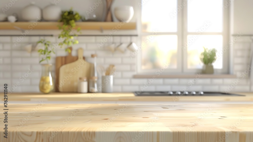 Poster empty beautiful wood table top counter and blur bokeh modern kitchen interior background in clean an