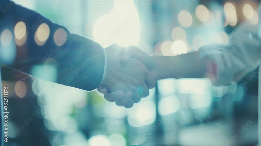 Poster blurry image of a handshake of business people at a meeting in the office : generative ai