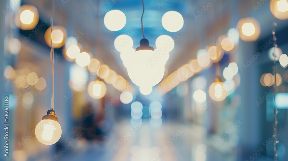 Aufkleber abstract blur image background of shopping mall with light bokeh and flare light bulb : Generative AI