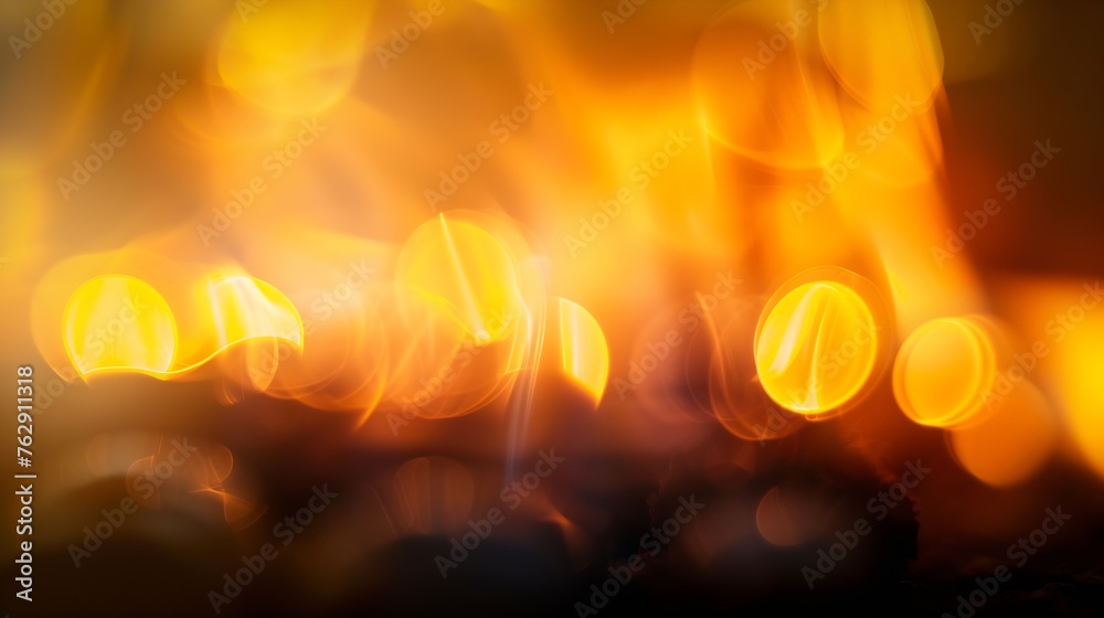 Poster flames in a fireplace abstract blurred background photo with yellow lights natural bokeh effect : ge