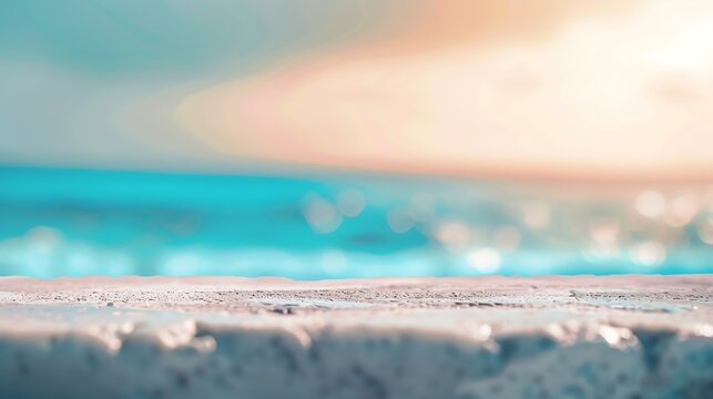 The blur cool sea background on horizon tropical sandy beach relaxing outdoors vacation with heavenly mind view at a resort deck touching sunshine sky surf summer clouds and light blue : Generative AI