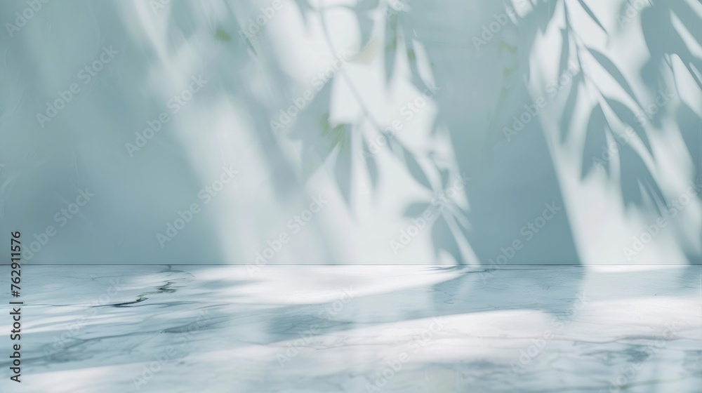 Poster Minimalistic light background with blurred foliage shadow on a light blue wall Beautiful background for presentation with with marble floor : Generative AI
