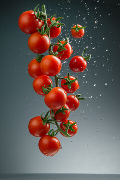 A branch of fresh ripe cherry tomatos with water splash in grey background.