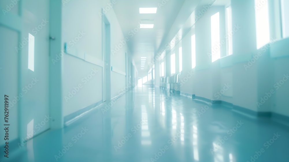 Aufkleber blurred background of an interior of a modern hospital with an empty long corridor there are treatme