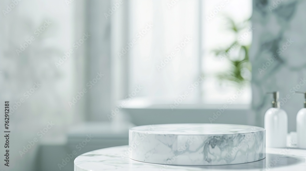 Aufkleber marble white podium on table for bathing product display on blur bathroom sink background : generati