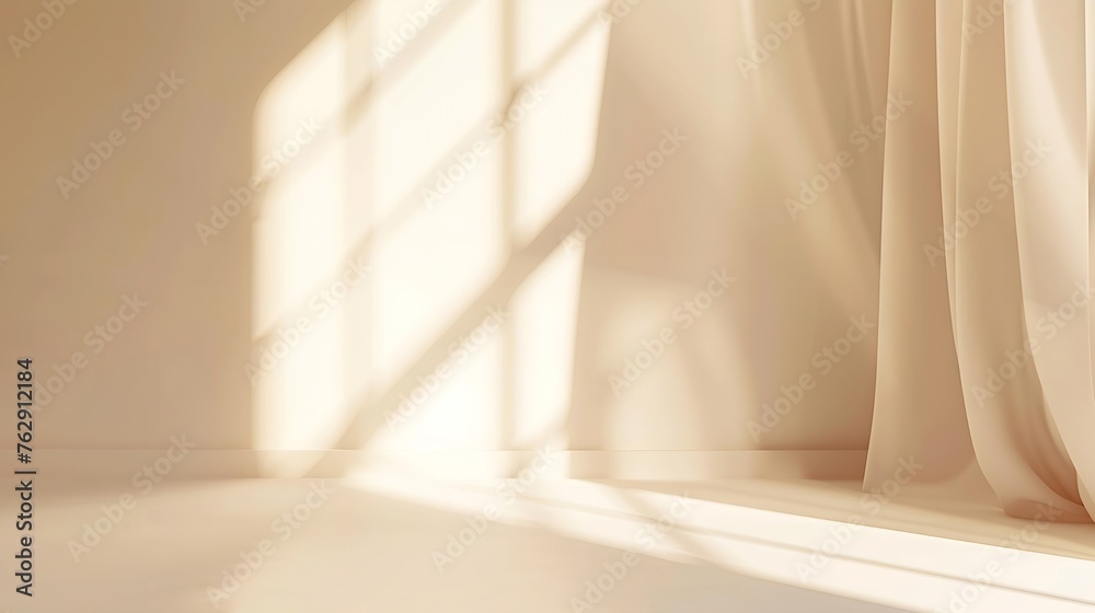 Poster Minimalistic abstract gentle light beige background for product presentation with light and shadow of window curtains on wall : Generative AI
