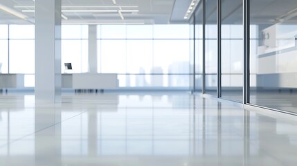 Fototapeta premium Blur office background empty white room lobby hall toward glass wall window interior view with light bokeh : Generative AI