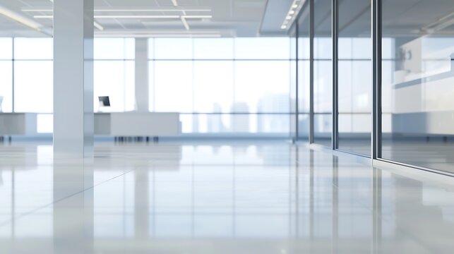 Blur office background empty white room lobby hall toward glass wall window interior view with light bokeh : Generative AI