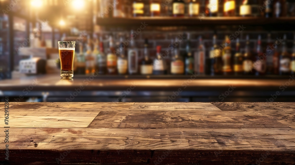 Poster wooden board on a background of bottles with alcohol old bar counter as layout for design workpiece 