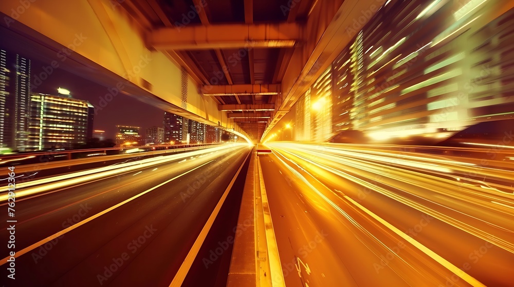 Poster Highway overpass motion blur with city background : Generative AI