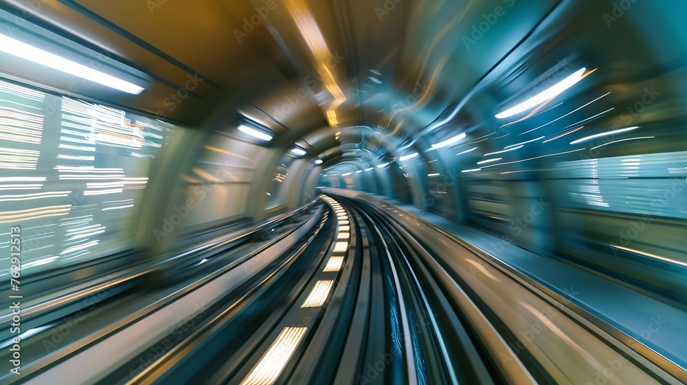 Poster Subway tunnel with Motion blur of a city from inside monorail in Tokyo : Generative AI