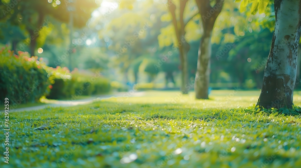 Poster Blurred nature green tree in a park background natural trees and lawn with walkway in outdoor garden with light bokeh from sunlight and sky Abstract blur nature landscape green environ : Generative AI