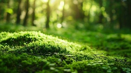 Green moss close up forest landscape blured background Sochi National Park Yewboxwood grove : Generative AI - obrazy, fototapety, plakaty