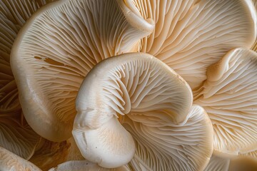 Close up of gills of Oyster mushroom, Pleurotus ostreatus. - obrazy, fototapety, plakaty