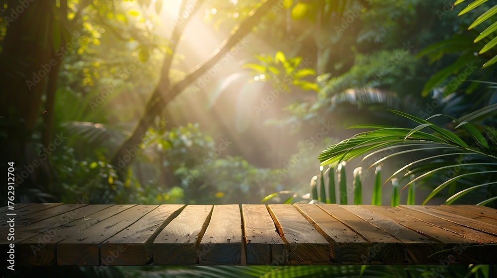 Leinwandbilder the empty wooden table top with blur background of amazon rainforest exuberant image : generative ai