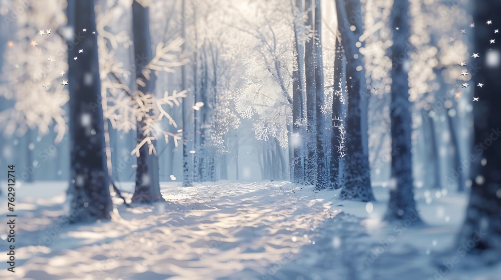 Poster trees and pathway covered with snow in winter park blurred view : generative ai