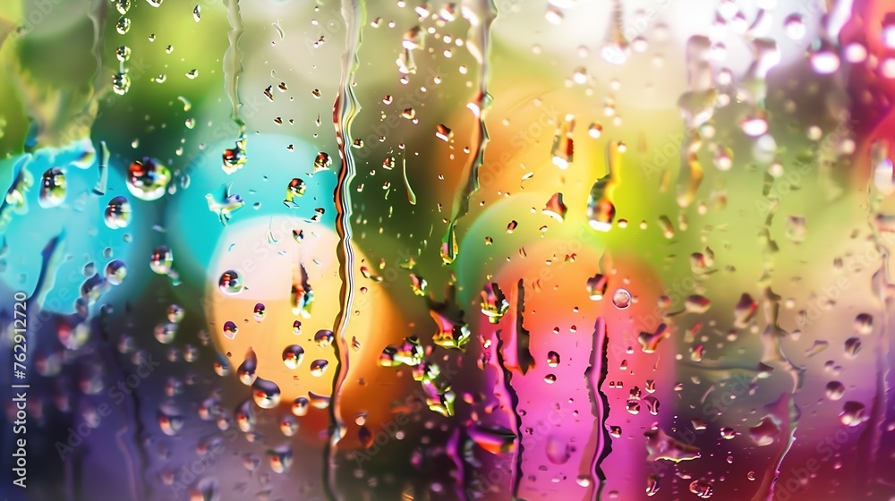 Poster Closeup through window of colorful water spreading over glass surface against multicolored blurred background : Generative AI