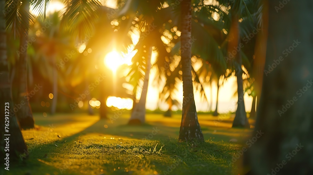Poster blur nature bokeh green park by beach and tropical coconut trees in sunset time : generative ai