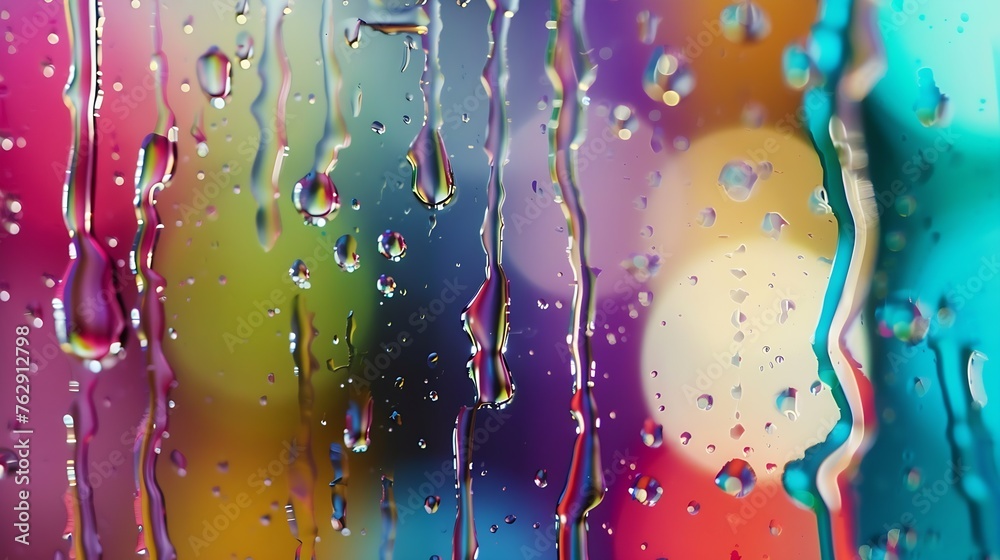 Poster Closeup through window of rainy day with water dripping down glass against blurred colorful background : Generative AI