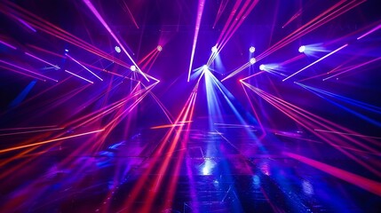 blurred rays of light on disco floor orange violet blue neon searchlight lights laser lines and lighting effect night empty stage in studio with neon reflections scene dark abstract ba : Generative AI