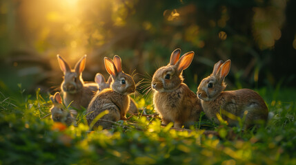 Several wild rabbits convene in a sun-dappled clearing, surrounded by the vibrant greens of a...