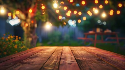 Empty wooden table with party in backyard at night blurred  background : Generative AI