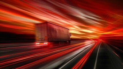 Blurring A large truck is driving along the highway at high speed Sky with bright red clouds Delivery of cargo : Generative AI