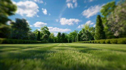 Beautiful blurred background image of spring nature with a neatly trimmed lawn surrounded by trees against a blue sky with clouds on a bright sunny day : Generative AI - obrazy, fototapety, plakaty