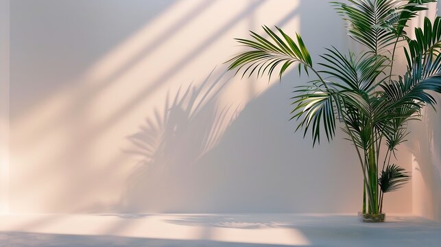 Minimalist room with palm shadow : Generative AI