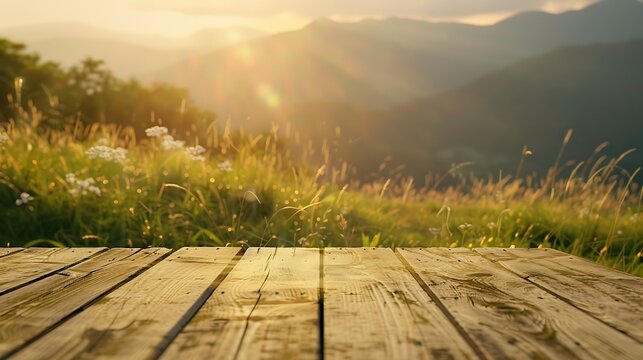 Wooden table top on blur mountain and grass fieldFresh and Relax conceptFor montage product display or design key visual layoutView of copy space : Generative AI