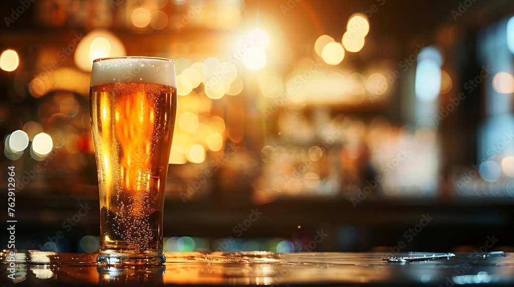 Poster Glass of chilled beer on table and blurred sparkling bar background : Generative AI