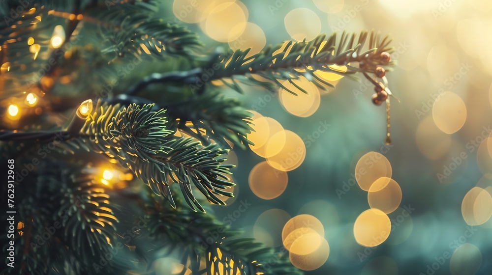 Poster Christmas tree branches with garland lights on bokeh background : Generative AI