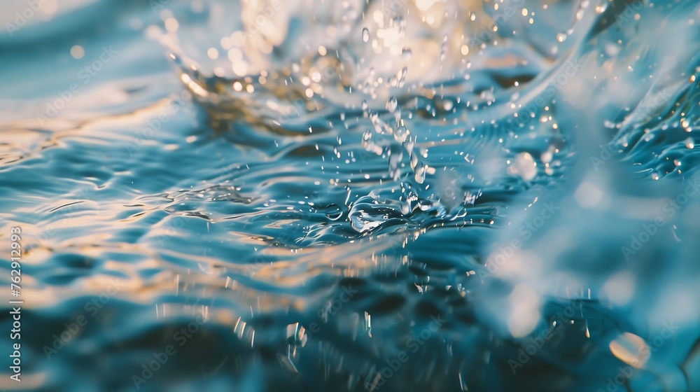 Poster blurred transparent blue colored clear calm water surface texture with splashes and bubbles trendy a