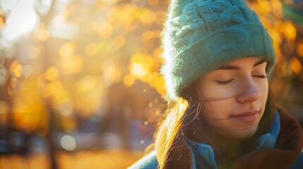 Calm girl in blue coat and green hat and coat closing eyes while spending sunny day on blurred background of autumn park in a cold day in donostia san sebastian spain : Generative AI - Powered by Adobe