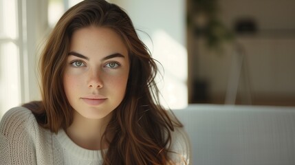 Naklejka premium Create a positive headshot portrait of a pretty adult female model, a beautiful Caucasian woman with natural makeup and long brown hair. 
