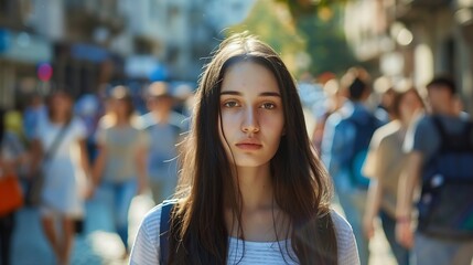 portrait of tired young woman student standing alone in city center and looking at camera with straight face while crowds of men and women are whizzing around : Generative AI