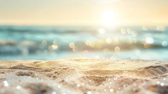 Summer background image of tropical beach with blurred horizon at sunset Light sand of beach against backdrop of sparkling ocean water Natural seascape : Generative AI