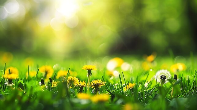 Beautiful wide format image of a pristine forest lawn with fresh grass and yellow dandelions against a defocused background : Generative AI