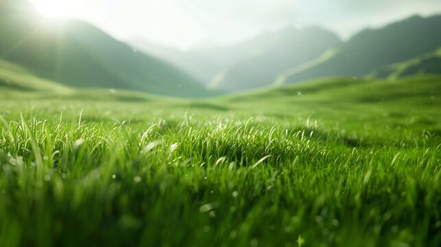 Blurred photo Wide green grass trees near the mountains warm sun : Generative AI