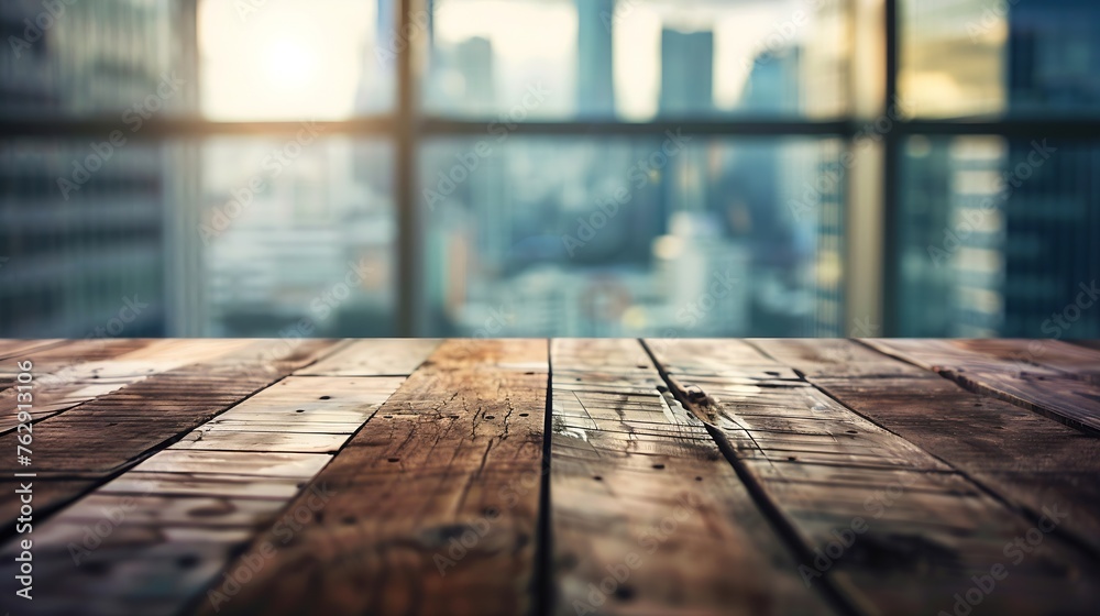 Aufkleber selective focustop of wood table with window glass and cityscape backgroundfor montage product displ