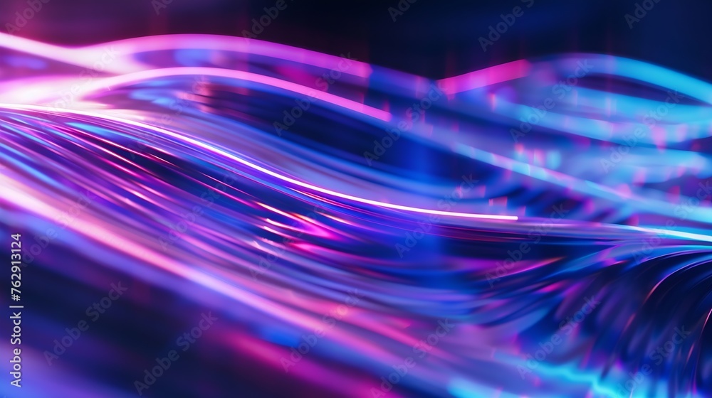 Fototapete Neon ripple texture Defocused glow Iridescent wave Blur purple blue fluorescent color gradient light curve lines abstract background with free space : Generative AI